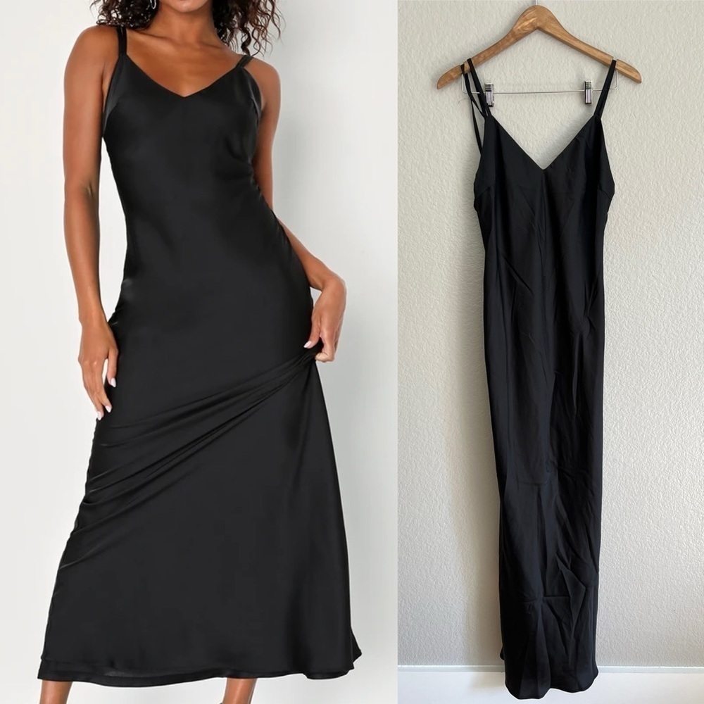 Chic Entrance Black Satin Backless Slip Maxi Dress